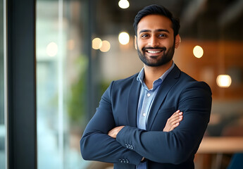 Poster - Happy Indian businessman professional leader standing arms crossed in office. Smiling male employee, business man company executive manager, confident eastern entrepreneur at work, 