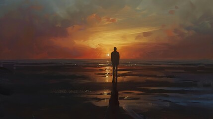 Wall Mural - painting of a man standing on a beach at sunset with a surfboard