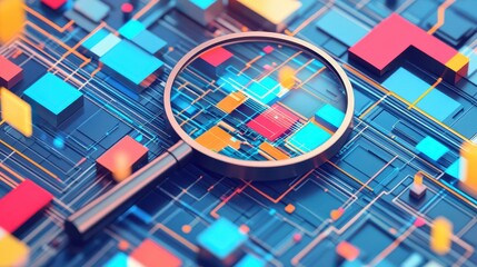 Poster - Magnifying glass highlighting colorful abstract digital circuitry, symbolizing data analysis, technology research, and cybersecurity.
