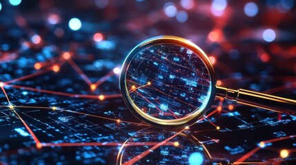 Poster - Magnifying glass zooming in on a digital network with interconnected red and blue nodes, representing data analysis, cybersecurity, and technology.
