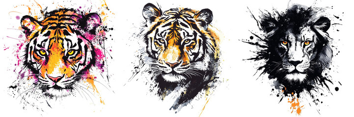 Wall Mural - Set off Lion or tiger graffiti on wall design feline isolated on a transparent background