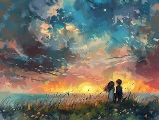 Canvas Print - Couple on the meadow at sunset