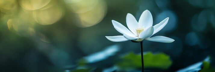 Canvas Print - Single White Water Lily Blossom in Soft Light - A delicate white water lily flower stands out against a soft, blurred background of green and blue hues, symbolizing purity, growth, serenity, beauty, a