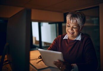 Poster - Night, tablet and mature business woman check email, update app and overtime in startup. Smile, technology and manager or news editor research for article, story review and reading creative feedback