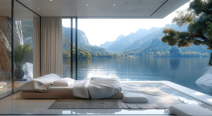 Aufkleber - Interior living room minimalist, bedroom design luxury view on the lake. Generative AI.