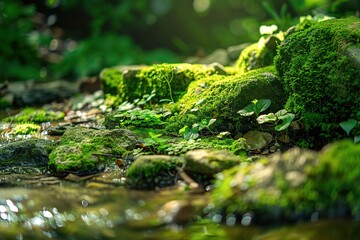 Canvas Print - A serene stream flowing over moss-covered rocks in a lush green environment.