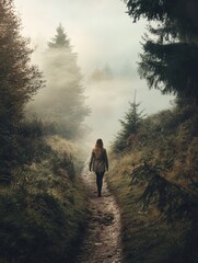 Sticker - Woman Walking Through Foggy Forest Path - A woman walks down a forest path shrouded in mist, symbolizing mystery, introspection, adventure, nature, and solitude.