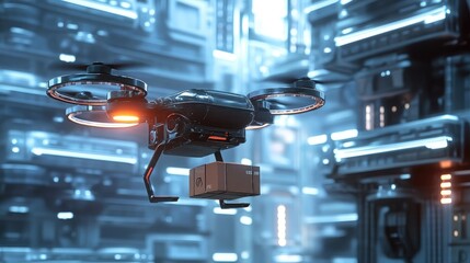 A futuristic drone delivering a package to a high-tech building,