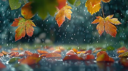 Poster - Rain-soaked leaves, bright color palette, vibrant color, shimmering water droplets, sunlight reflections. Generative AI.