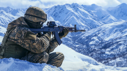 A soldier is sitting in the snow with a rifle, looking out over the mountains