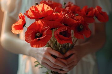 Poster - A person holding a bouquet of vibrant red poppies, symbolizing beauty and nature.