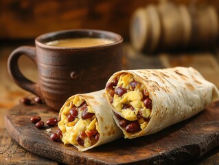 Wall Mural - A delicious wrap filled with eggs and beans, served with a cup of coffee.