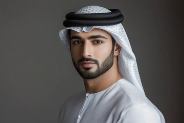 Handsome arab middle-eastern man with traditional kandora in studio - Arabic muslim adult male portrait wearing emirate clothing in Dubai, United Arab Emirates with generative ai