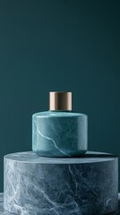 Wall Mural - A bottle of perfume is sitting on a marble pedestal