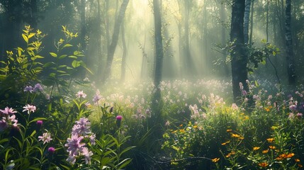 Wall Mural - Forest landscape, vibrant wildflowers, lush trees, misty atmosphere, ethereal light. Generative AI.