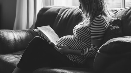 A pregnant woman sitting on a couch reading an open book, AI