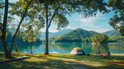 camping picnic green tent campground in outdoor park lake, camper while campsite in mountain and lak
