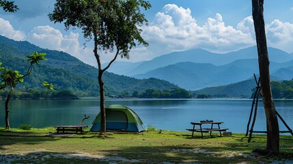 camping picnic green tent campground in outdoor park lake, camper while campsite in mountain and lak