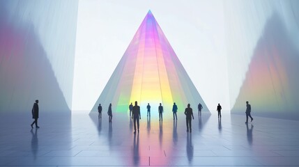 Wall Mural - Key visual image of a big prism pyramid in the center of a glass city reflecting the rainbow, front view, eight people are walking towards this central prism, minimalist, hd, 4k, detail definition, wh