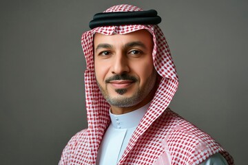 Handsome arab middle-eastern saudi arabian man with traditional saudi clothing in studio - Arabic muslim adult male businessman wearing thwab portrait isolated on gray background with generative ai