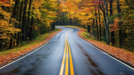 Sticker - A road with yellow line in the middle of a forest, AI