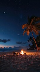 Wall Mural - A campfire on the beach under a palm tree at night, AI