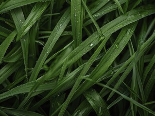 Close-up image of grass texture, highlighting the delicate features of each blade and the vivid green hue, ideal for artistic projects or environmental research.