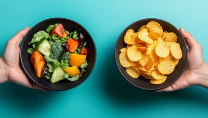 a person holding two bowls, one with fresh vegetables and the other filled with potato chips, illust