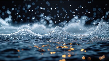 Aufkleber - A complete view of a water wave in motion with bubbles forming and scattering, capturing the fluid dynamics and sparkling effect, isolated on a dark background. Generative AI.