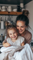 Poster - A woman and child smiling while sitting on a bed, AI