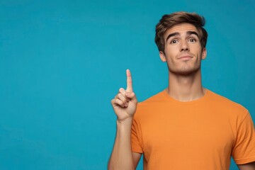 photo of attractive dreamy man dressed orange shirt looking showing finger empty space isolated blue