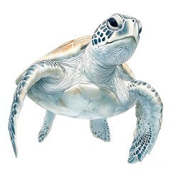 Sticker - Watercolor Illustration of a Green Sea Turtle Swimming Upwards.