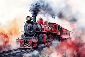 Wall Mural - Watercolor Painting of a Vintage Red Steam Train with Smoke and Clouds.