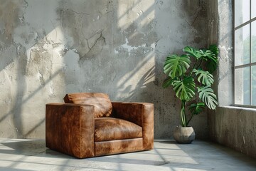 Canvas Print - A cozy brown leather armchair beside a potted plant in a sunlit, industrial-style room.