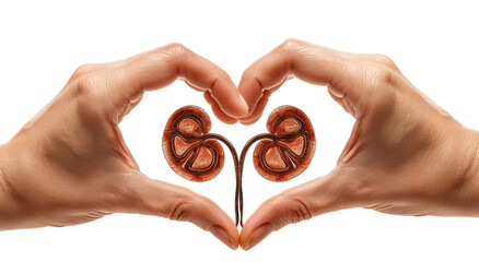 Two hands making a heart shape with a realistic human kidneys in white background. Wallpaper photo background for World Kidney Day celebration, healthy campaign, studying medic, human anatomy, biology