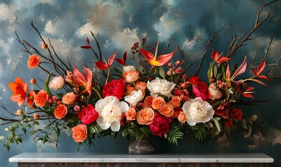 Wall Mural - Floral Arrangement with Red, White, and Orange Flowers in a Vase