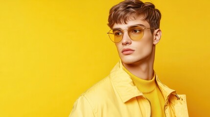 a stylish young man stands confidently, wearing yellow attire and sunglasses, set against a vibrant 