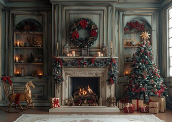 vintage Christmas backdrop with a wooden wall, fireplace and Christmas tree, wreath, rocking horse, presents under the tree, candles on a shelf, a large gold picture frame hanging above the fireplace.