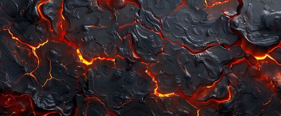 Wall Mural - Close up of glowing red hot lava flowing through cracks in the dark volcanic rock.