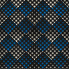 Poster - Blue and white halftone rhombs on black background. Abstract vector seamless pattern.