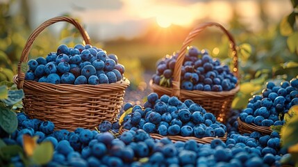 Canvas Print - A three baskets full of fresh blueberries in a grassy field, with the sun setting in the background, at a blueberry orchard. Generative AI.