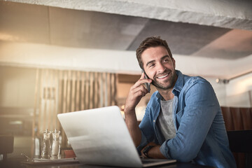 Poster - Laptop, phone call and remote work with man in coffee shop for communication or networking. Computer, conversation and freelance employee in cafe or restaurant as customer for hospitality or service