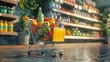 © liliyabatyrova - A shopping cart brimming with colorful fruits and drinks sits amidst a lively market atmosphere, showcasing an abundance of fresh produce and lively colors