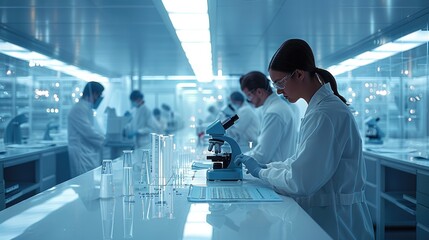 Poster - A nanotechnology lab featuring a cleanroom environment, researchers handling nano-materials, and advanced microscopes for observing nano. Generative AI.