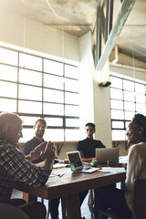 Poster - Office, discussion and business people in meeting for planning, workshop and teamwork. Creative company, startup and men and women talking in boardroom for feedback, project review and collaboration