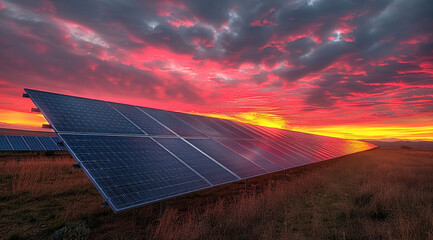 Aufkleber - A sunrise over a solar panel field, with the panels reflecting the vibrant colors of dawn. Generative AI.