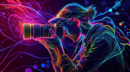 Neon Line Art of a photographer capturing a shot with a high-end camera, adjusting the lens and focusing intently on the subject, with vibrant lighting all around