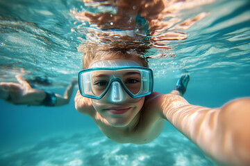 Sticker - School boy underwater wearing goggles takes selfie while snorkeling in clear water. Travel adventure and excitement of exploring marine life. Vacation timespending activitity diving snorkeling concept