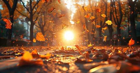 Poster - Autumn scene of falling leaves on the street, sunlight shining through the trees, warm colors. Generative AI.