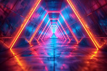 Canvas Print - 3D rendered abstract technology background features a mesmerizing display of neon lights illuminating a triangular tunnel, creating a captivating and futuristic abstract geometric backdrop that exude